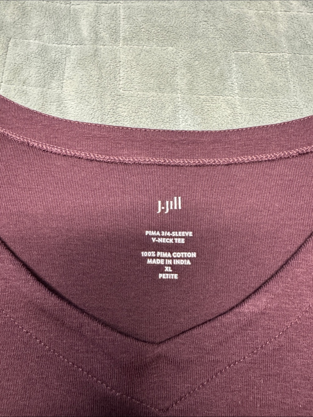 J. Jill Pima 3/4 Sleeve V-Neck Tee, Maroon, Purple, Cotton, Size XL Petite - Picture 4 of 6